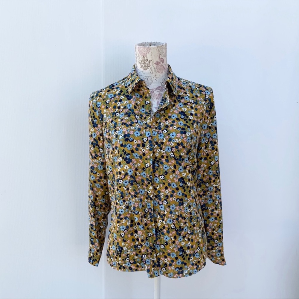 Splash Women’s Floral Button-Up Blouse – Mustard Yellow, Size 10, Long Sleeve